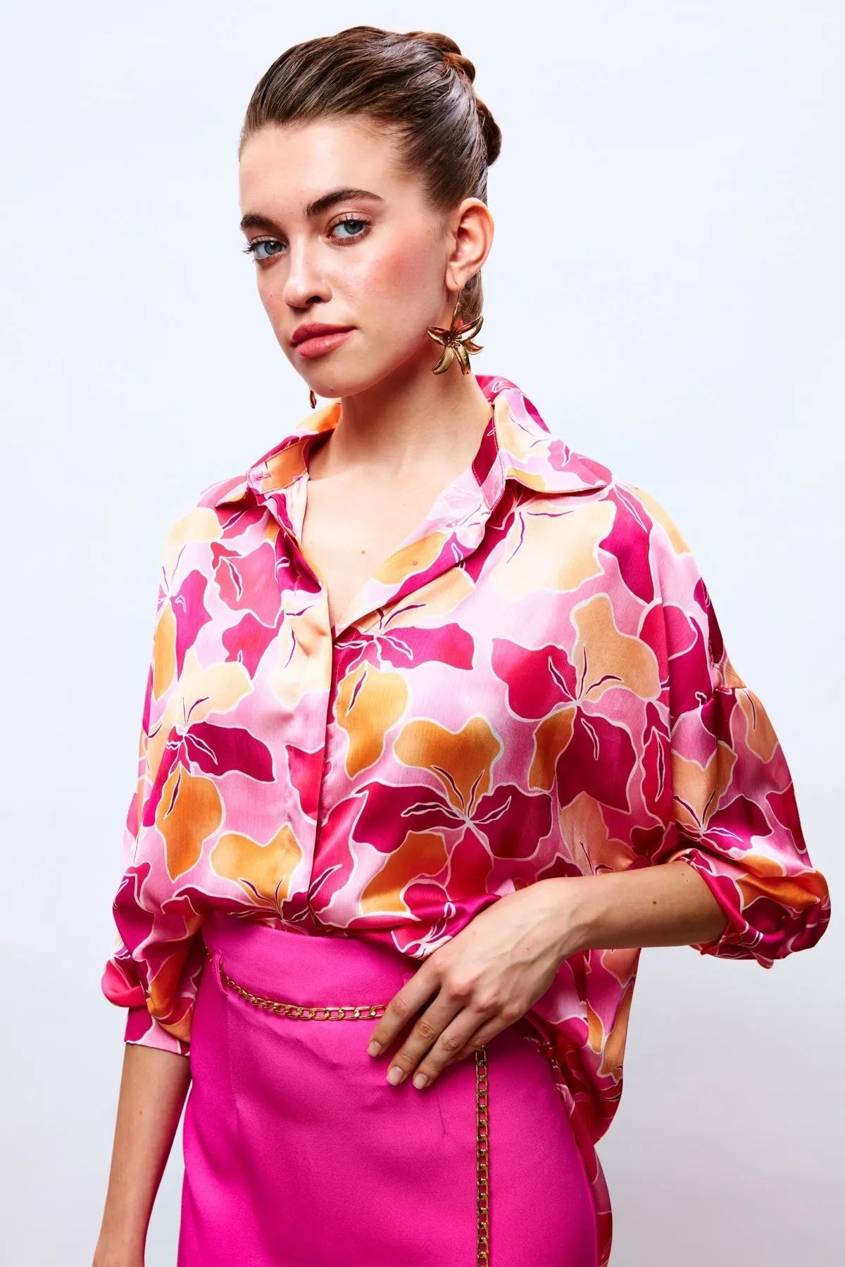 قميص نسائي كاجوال منقوش بالزهور فوشيا برتقالي - Floral Patterned Casual Shirt - FUCHSIA-ORANGE