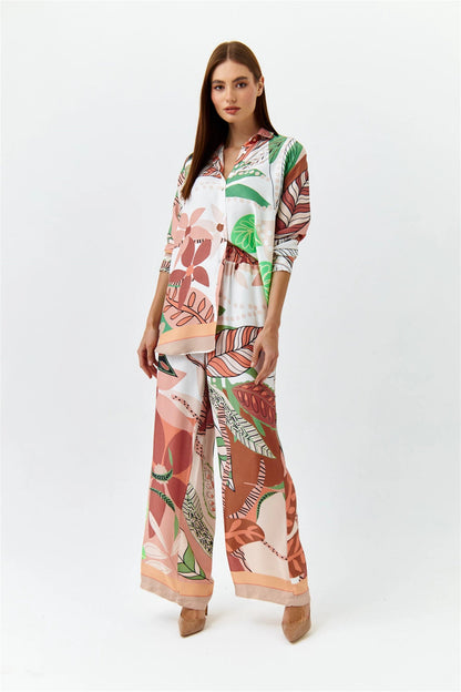 FLORAL PATTERNED SHIRT AND TROUSERS DUSTY ROSE WOMEN'S SUIT - Lebbse