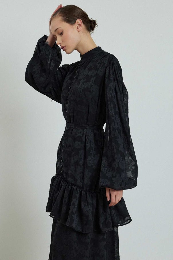 Floral Tulle Patterned Black Dress - Lebbse