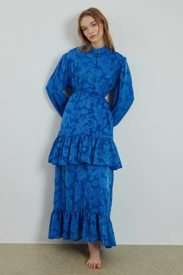 Floral Tulle Patterned Saxe Blue Dress - Lebbse