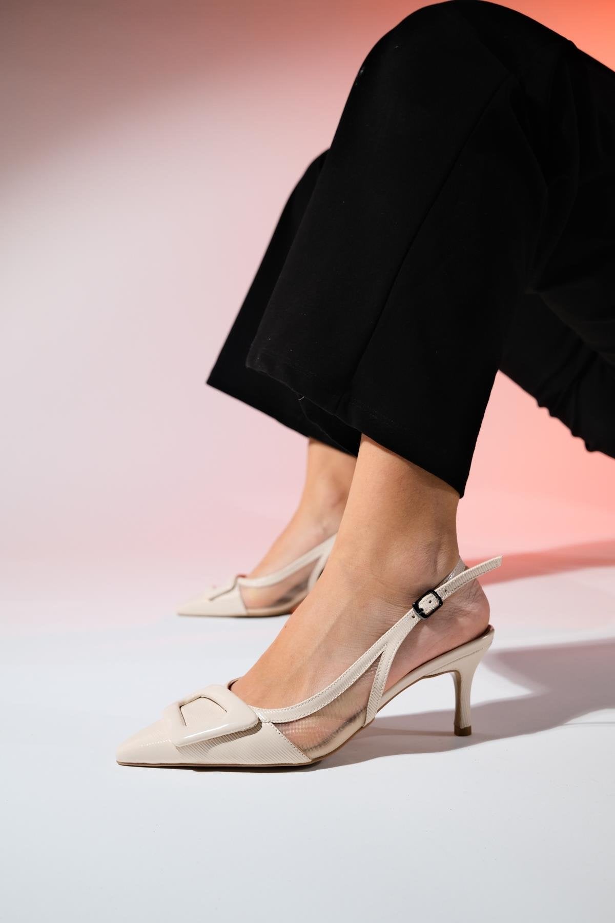 FOLEY Beige Patent Leather Striped Women's Pointed Toe Open Back Thin Heeled Shoes - Lebbse
