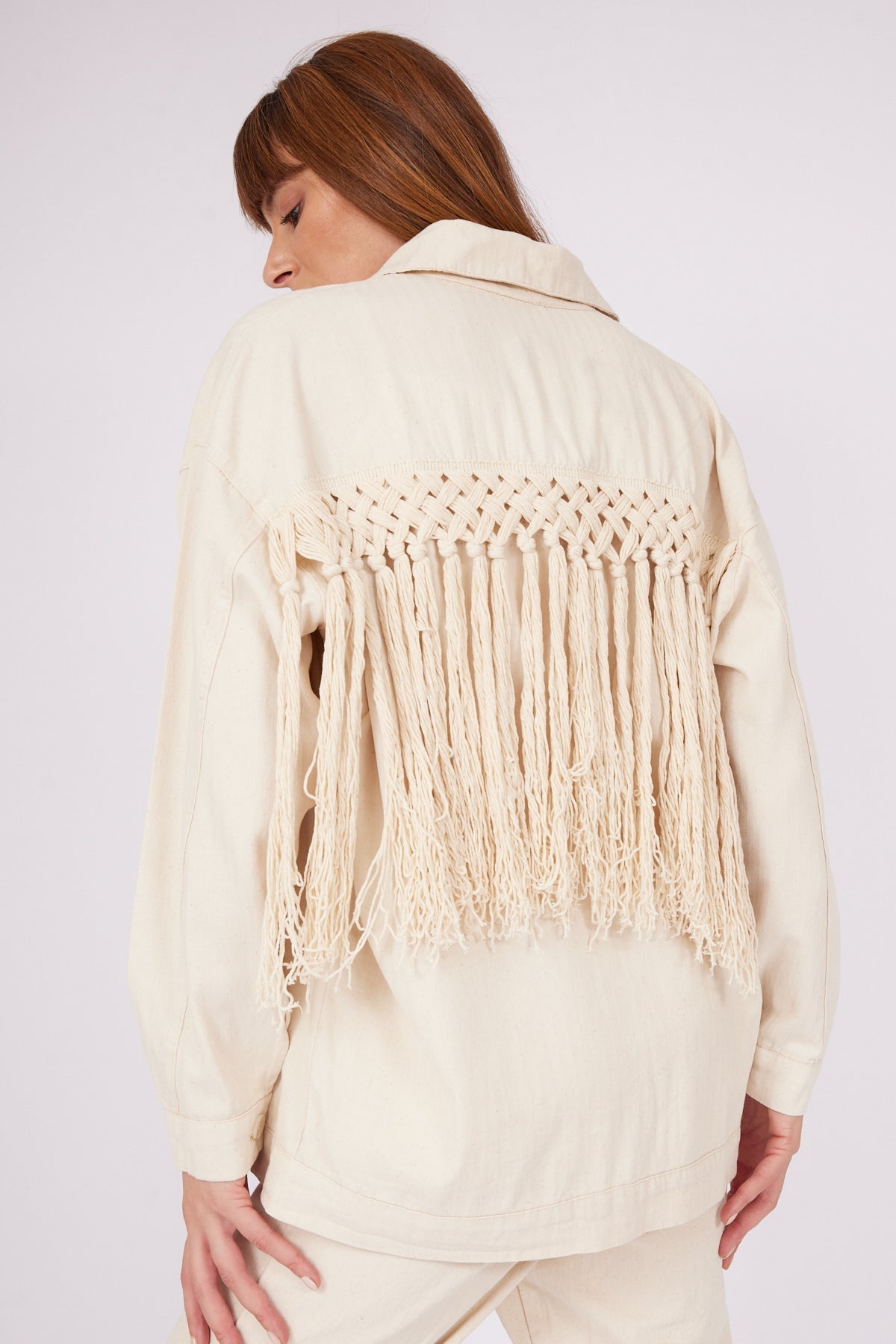 Fringe Detailed Gabardine Stone Women's Shirt | November Vibes | Lebbse Fringe Detailed Gabardine Stone Women's Shirt | November Vibes | Lebbse