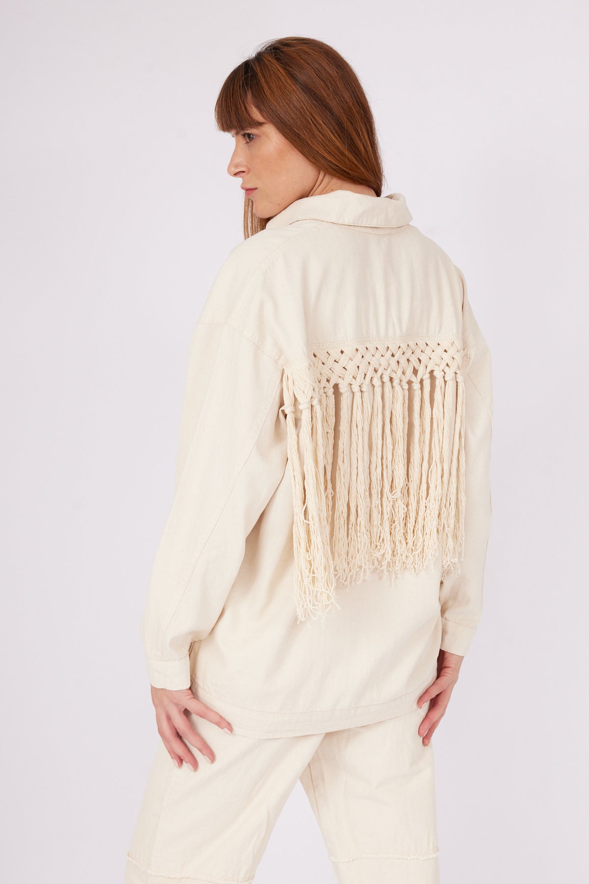 Fringe Detailed Gabardine Stone Women's Shirt | November Vibes | Lebbse Fringe Detailed Gabardine Stone Women's Shirt | November Vibes | Lebbse