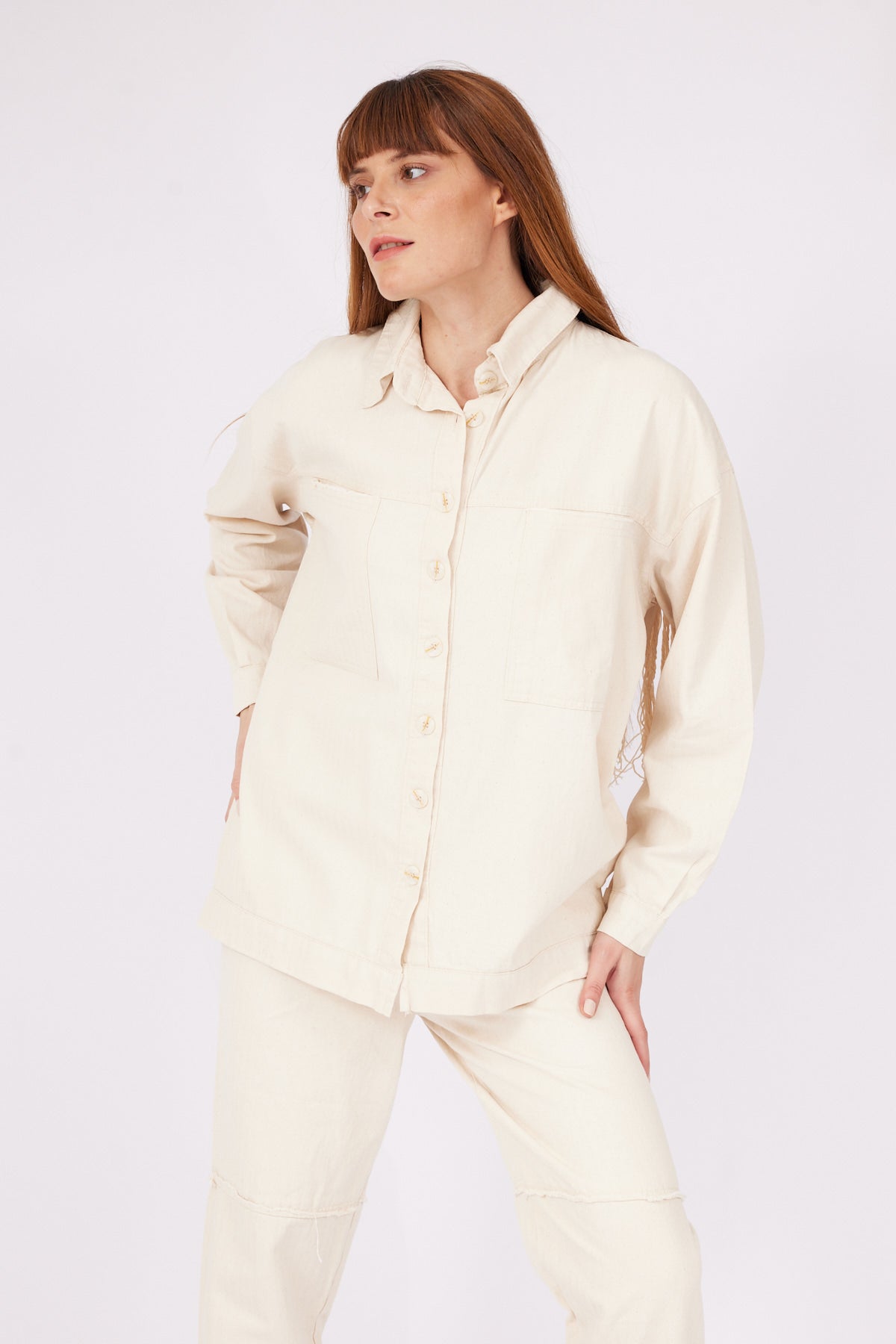 Fringe Detailed Gabardine Stone Women's Shirt | November Vibes | Lebbse Fringe Detailed Gabardine Stone Women's Shirt | November Vibes | Lebbse