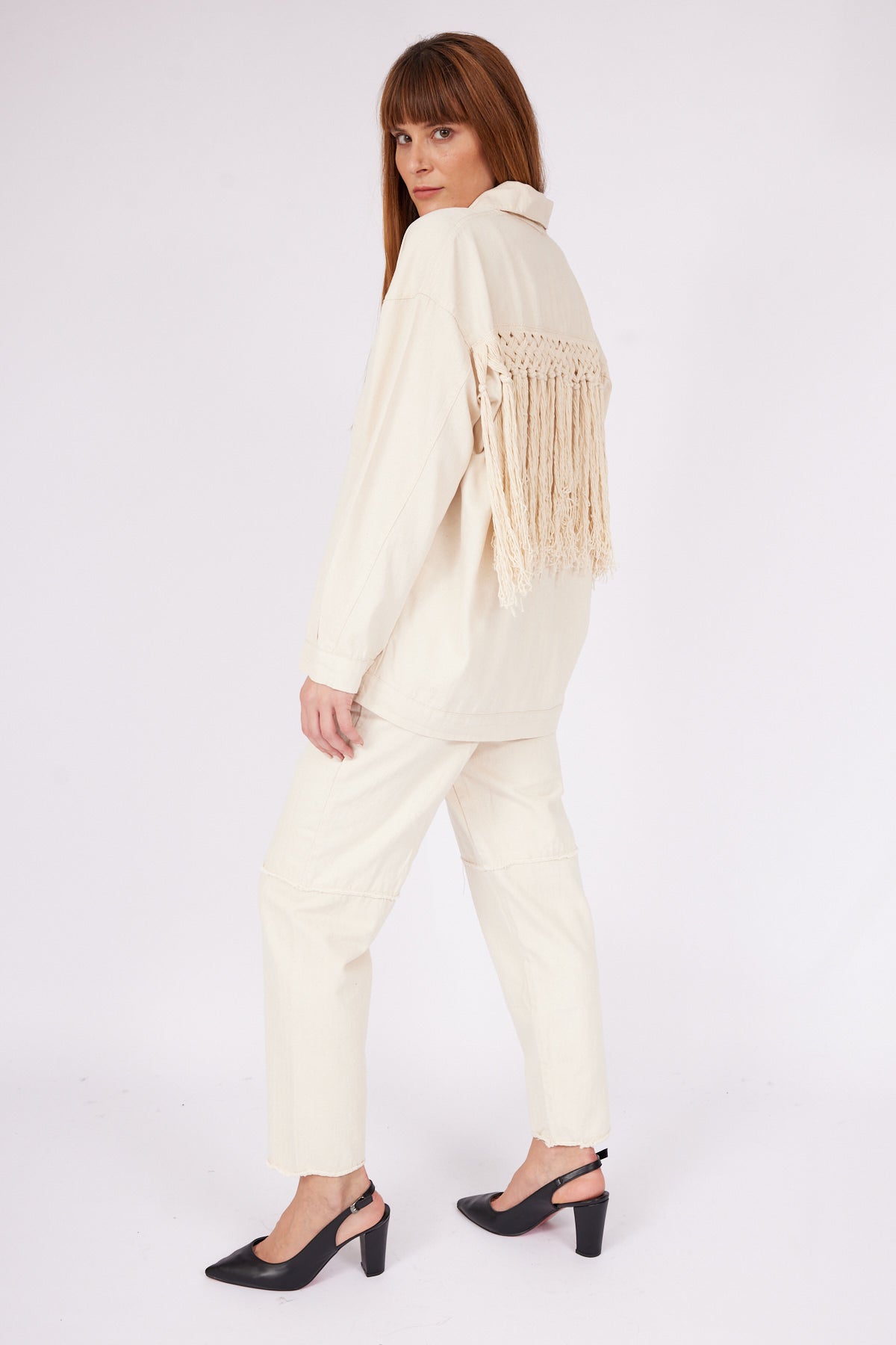 Fringe Detailed Gabardine Stone Women's Shirt | November Vibes | Lebbse Fringe Detailed Gabardine Stone Women's Shirt | November Vibes | Lebbse