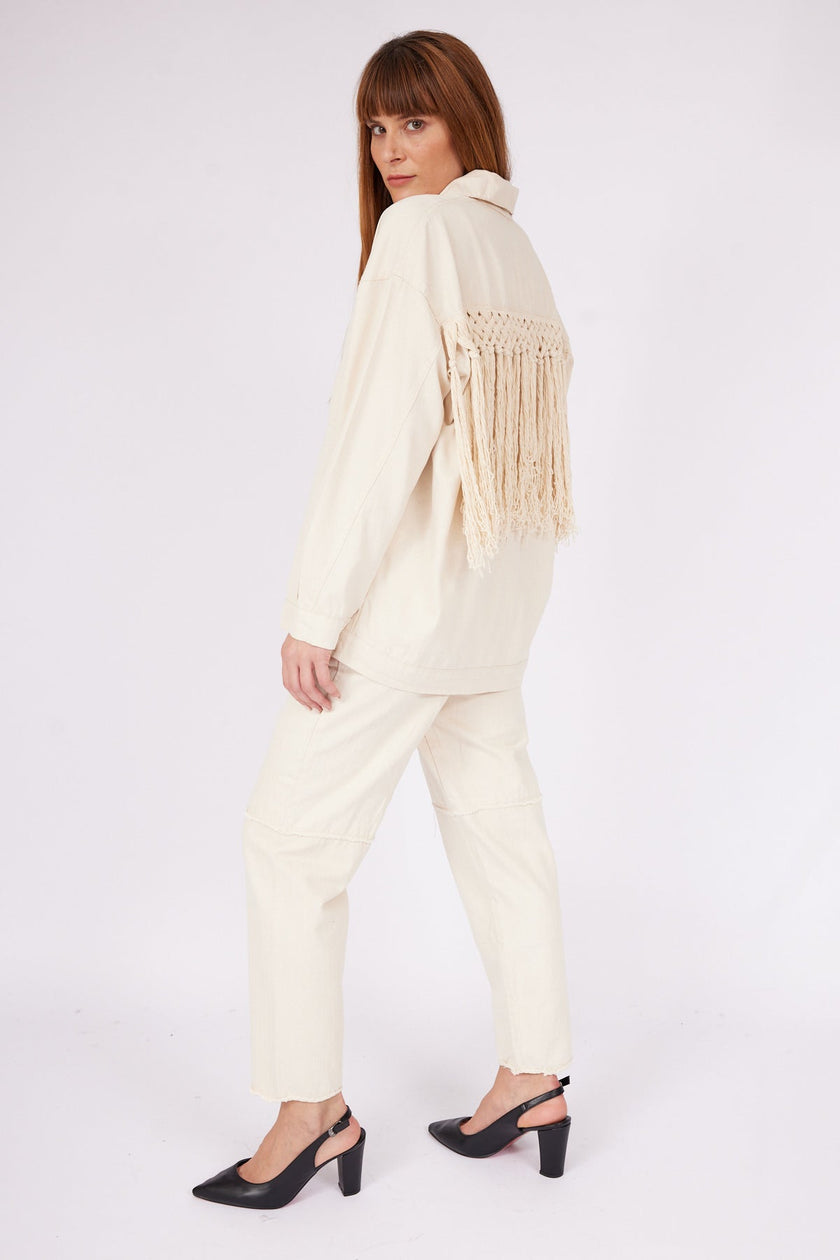 5- احدث موديلات قميص نسائي بحجر الجبردين مع بشراشيب - Fringe Detailed Gabardine Stone Women's Shirt