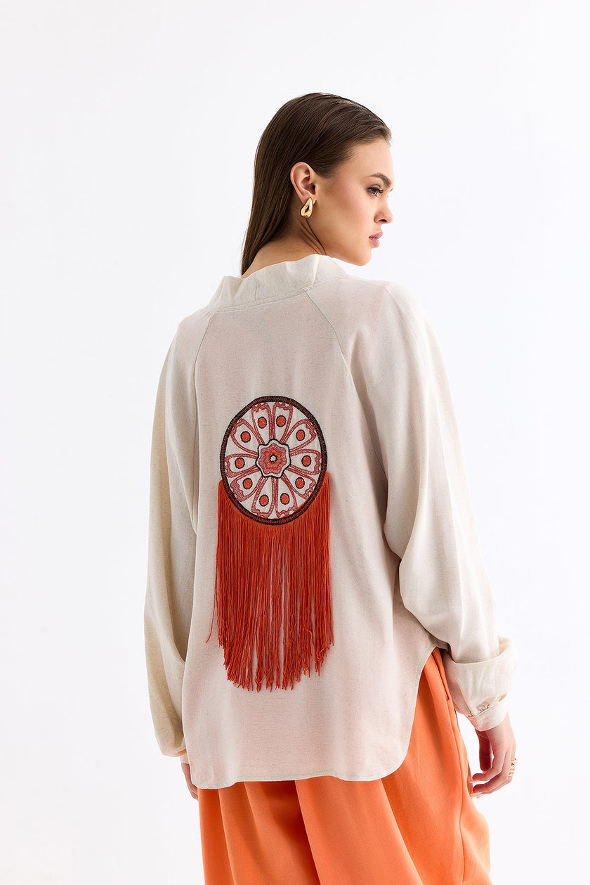 Fringed Kimono Beige Orange - Lebbse