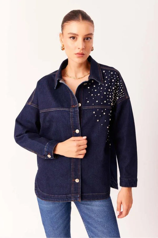 Front Buttoned Oversize Front Stone Detailed Navy Blue Shirt Jacket - Lebbse