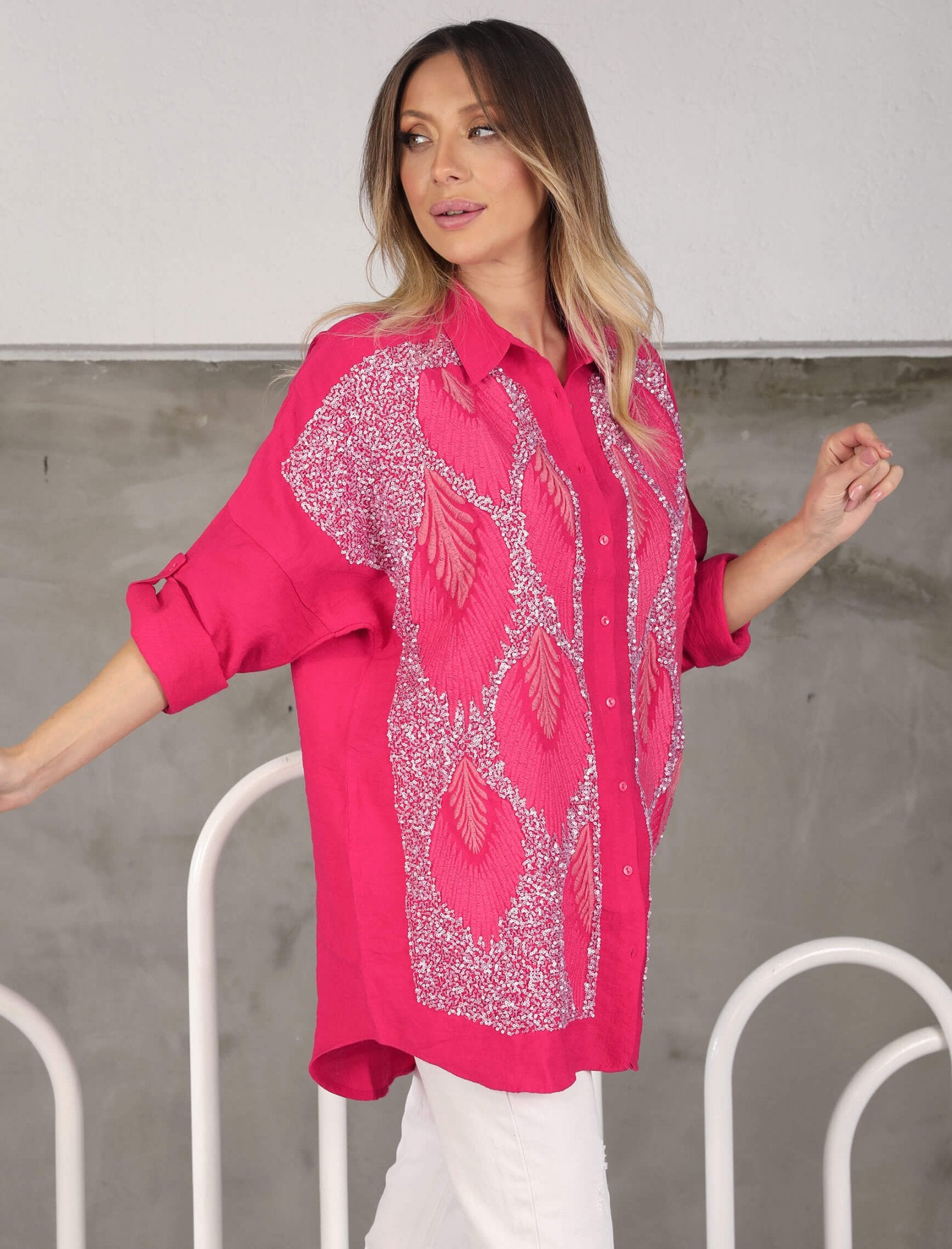 Fuchsia EMBROIDERY SEQUIN SHIRT - Lebbse