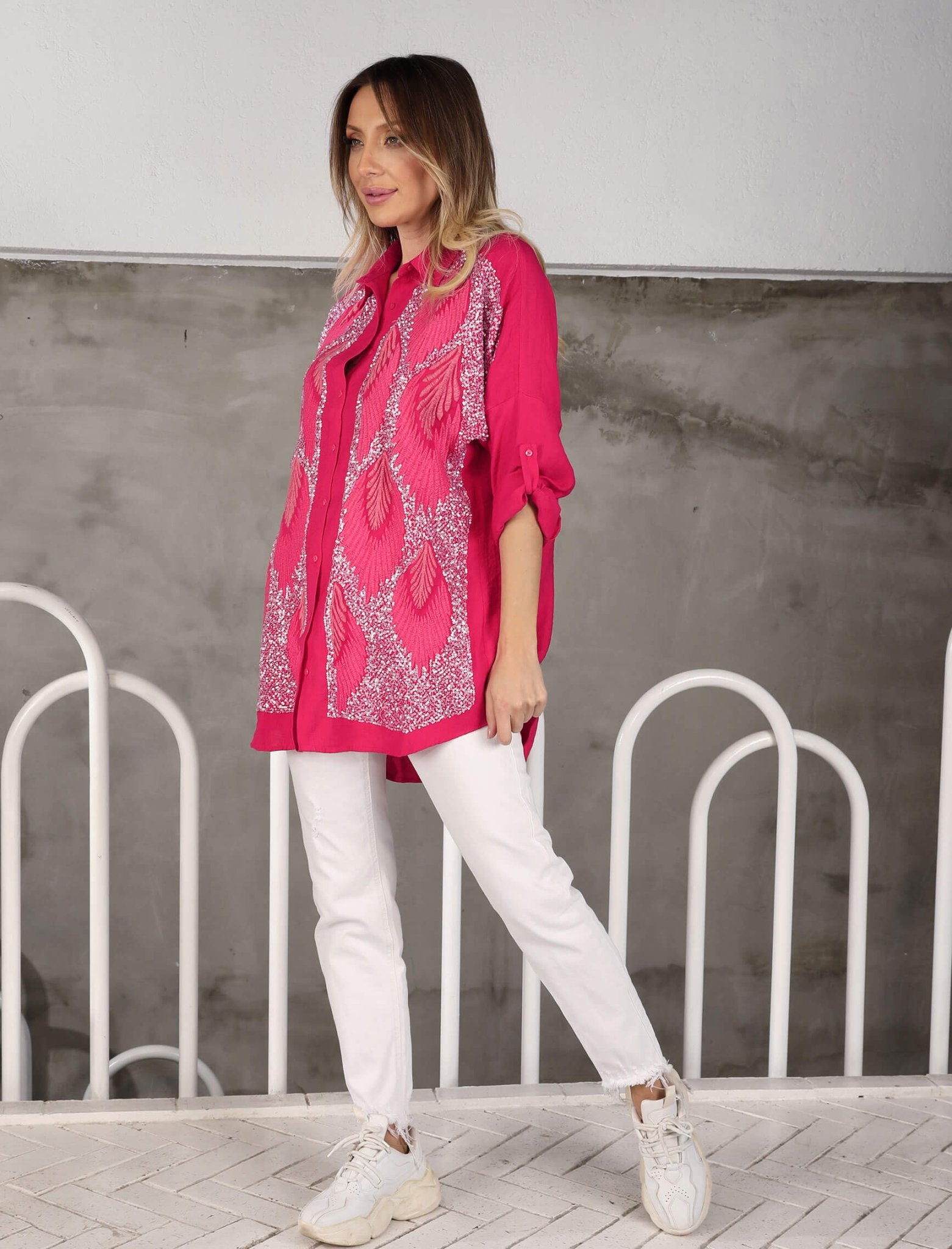 Fuchsia EMBROIDERY SEQUIN SHIRT - Lebbse