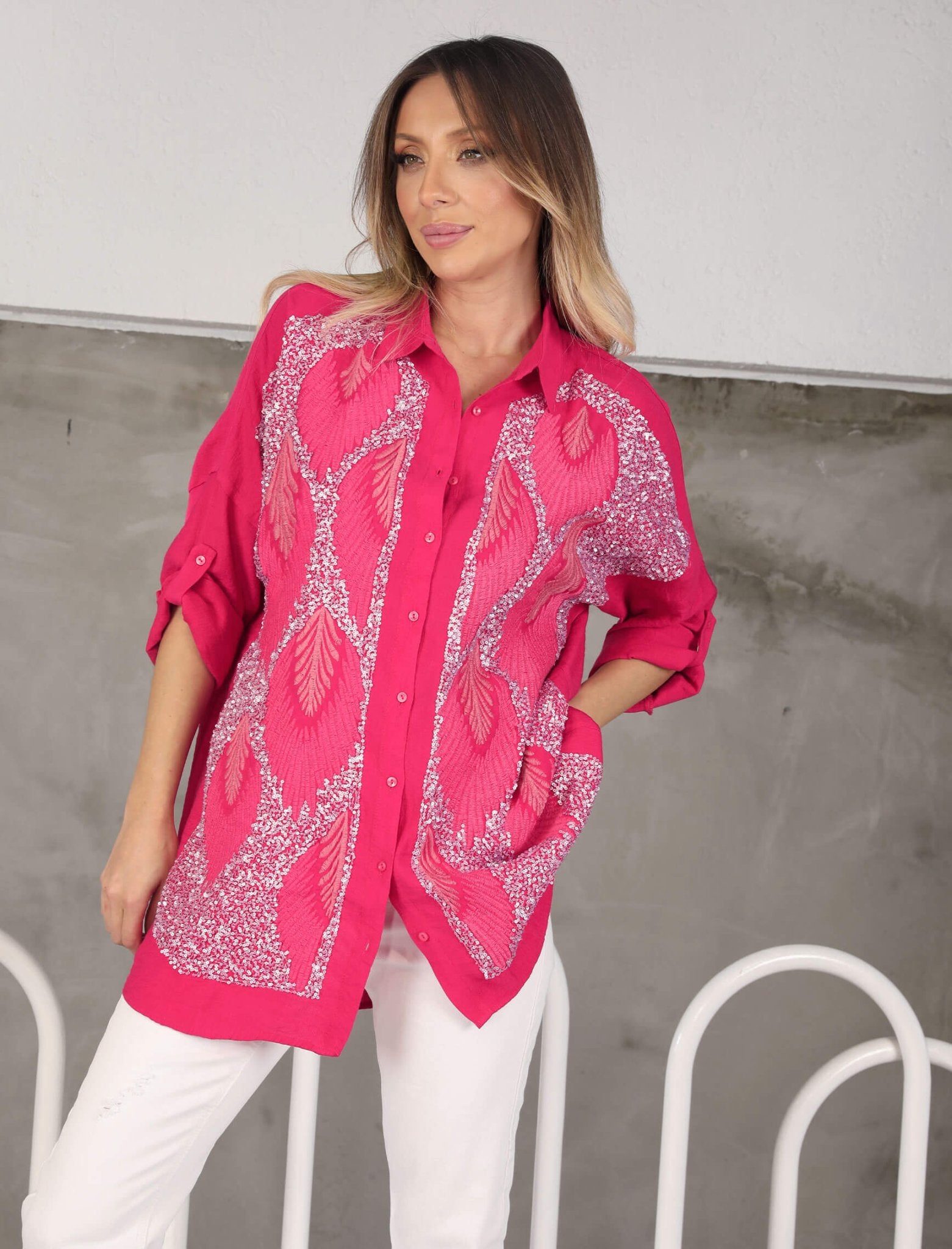 Fuchsia EMBROIDERY SEQUIN SHIRT - Lebbse