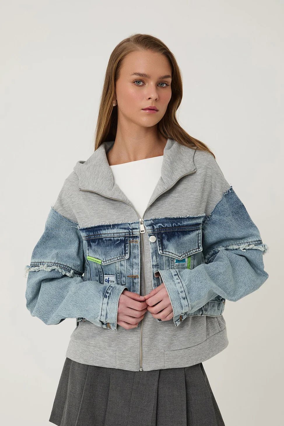 Garni Detailed Hooded Denim Jacket Blue - Lebbse