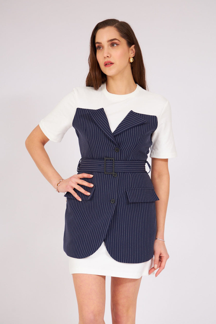 2- موديلات فساتين ناعمة قصيرة سترة مزخرف لون أزرق داكن - Garnished Jacket Dress Navy Blue