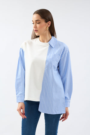 قميص مخطط بالطول بوبلين مزخرف لون أزرق - Garnished Poplin Shirt Tshirt Blue Striped