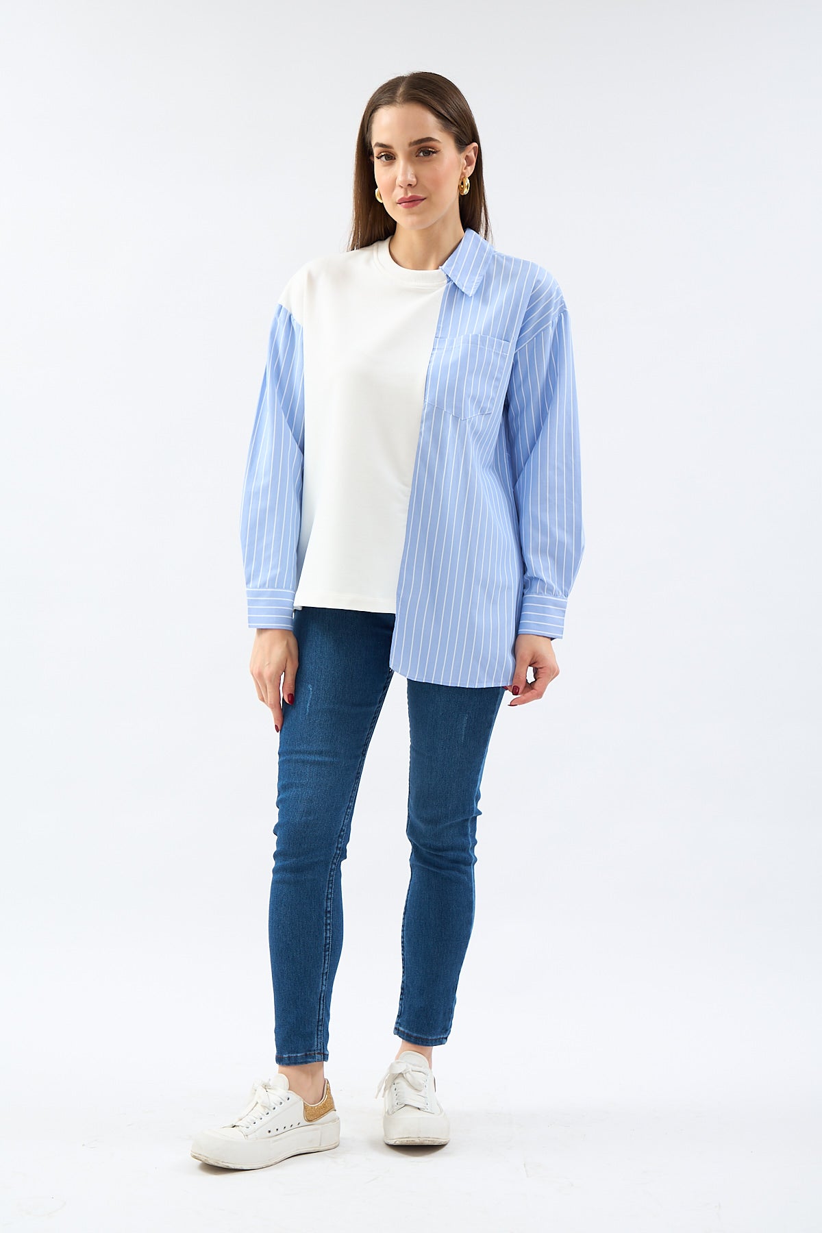 Garnished Poplin Shirt Tshirt Blue Striped - Lebbse