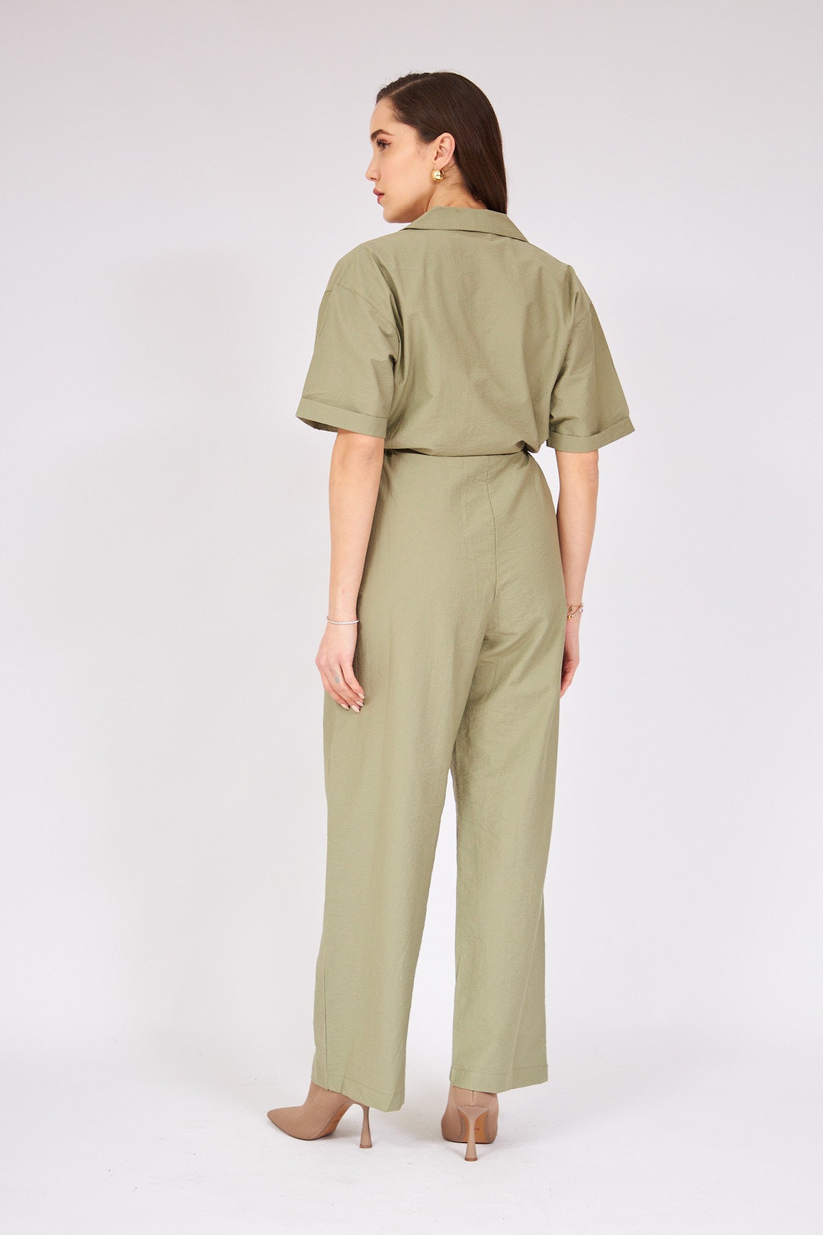 Gathered Waist Jumpsuit - DARK GREEN - Lebbse