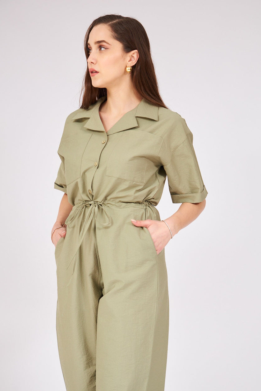 Gathered Waist Jumpsuit - DARK GREEN - Lebbse