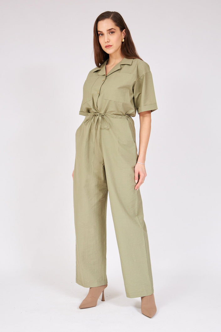 Gathered Waist Jumpsuit - DARK GREEN - Lebbse