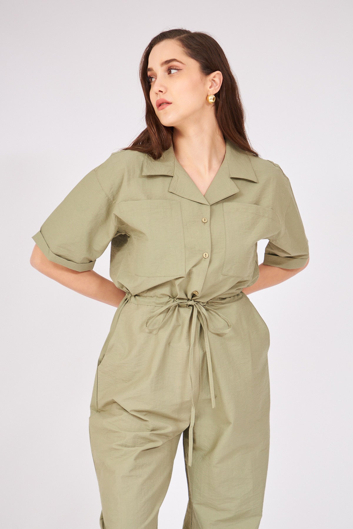 Gathered Waist Jumpsuit - DARK GREEN | November Vibes | Lebbse Gathered Waist Jumpsuit - DARK GREEN | November Vibes | Lebbse