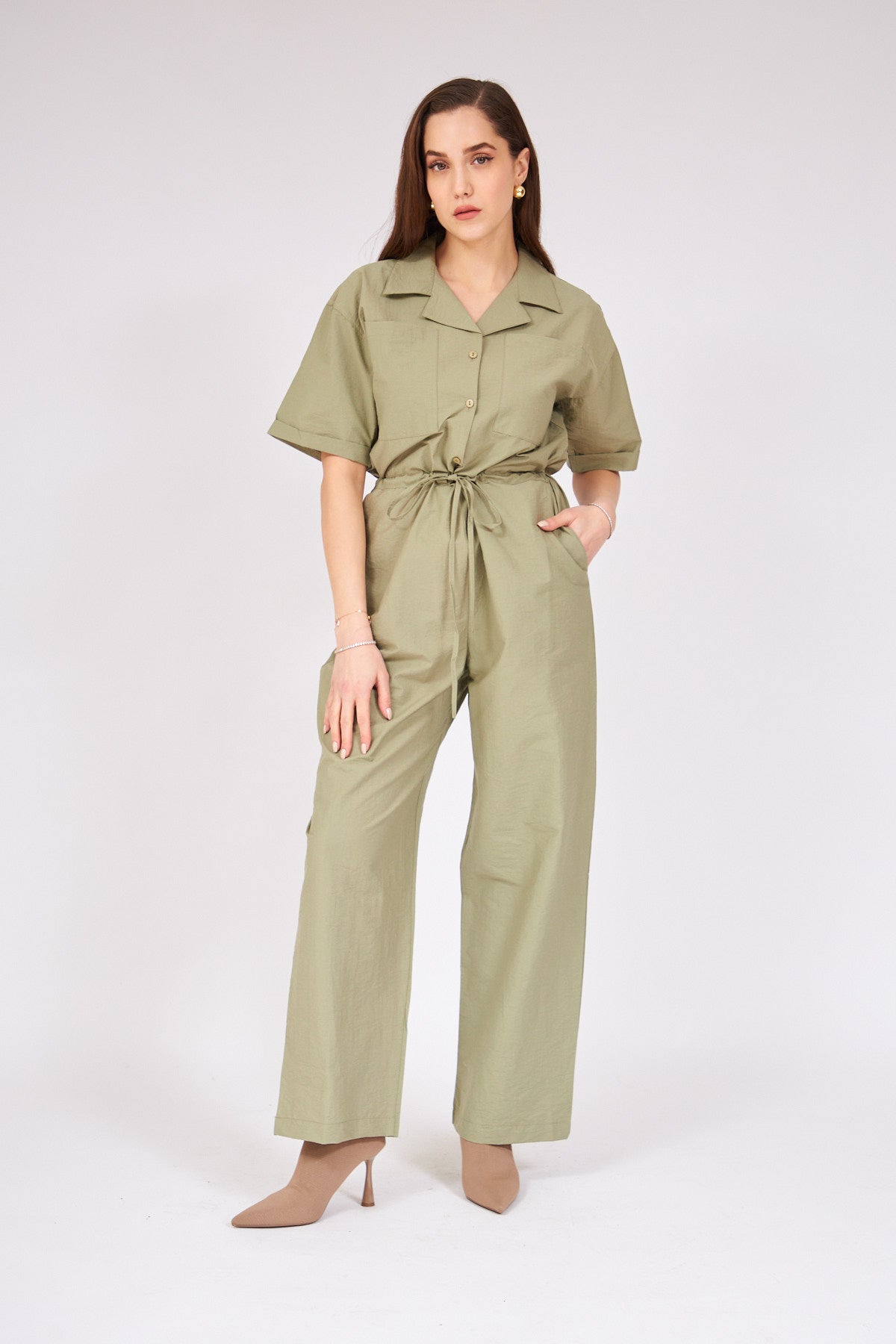 Gathered Waist Jumpsuit - DARK GREEN | November Vibes | Lebbse Gathered Waist Jumpsuit - DARK GREEN | November Vibes | Lebbse
