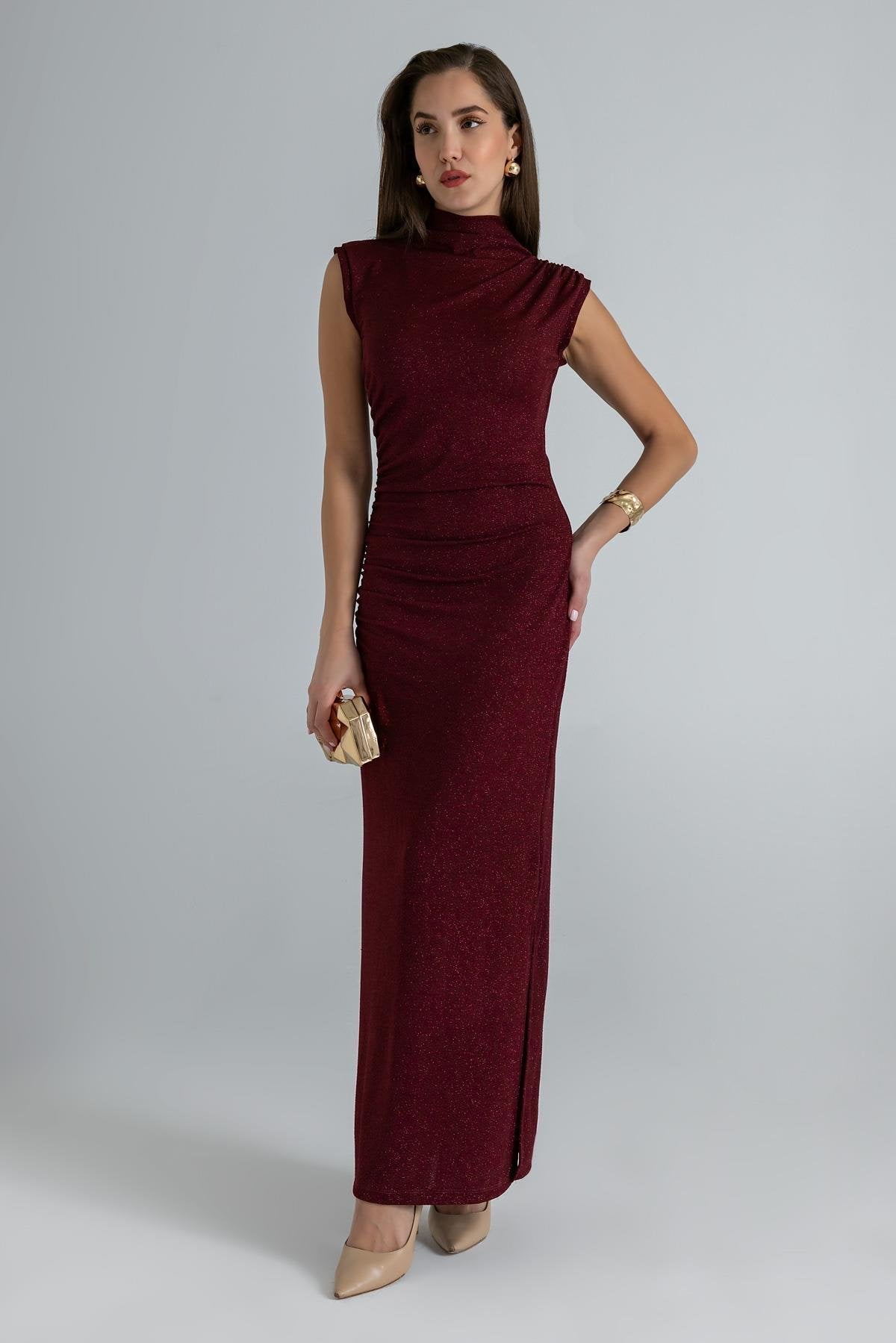 Glittery Pleated Dress - DARK RED - Lebbse