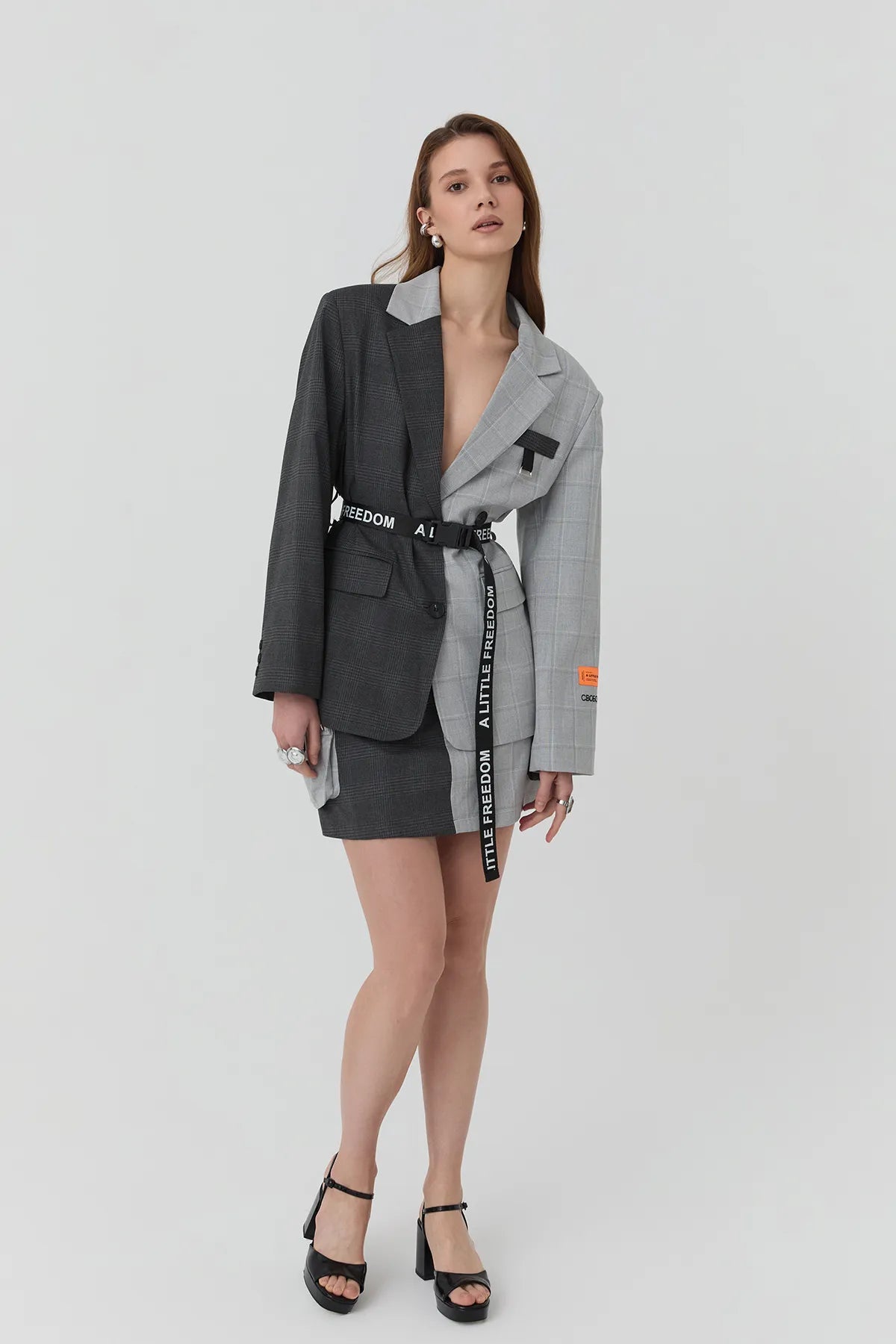 Gray Double Color Waist Belted Blazer Jacket - Lebbse