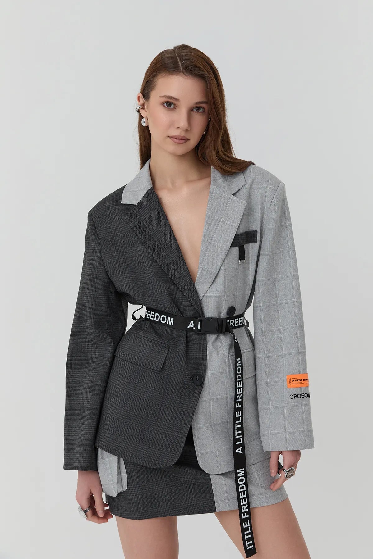 Gray Double Color Waist Belted Blazer Jacket - Lebbse