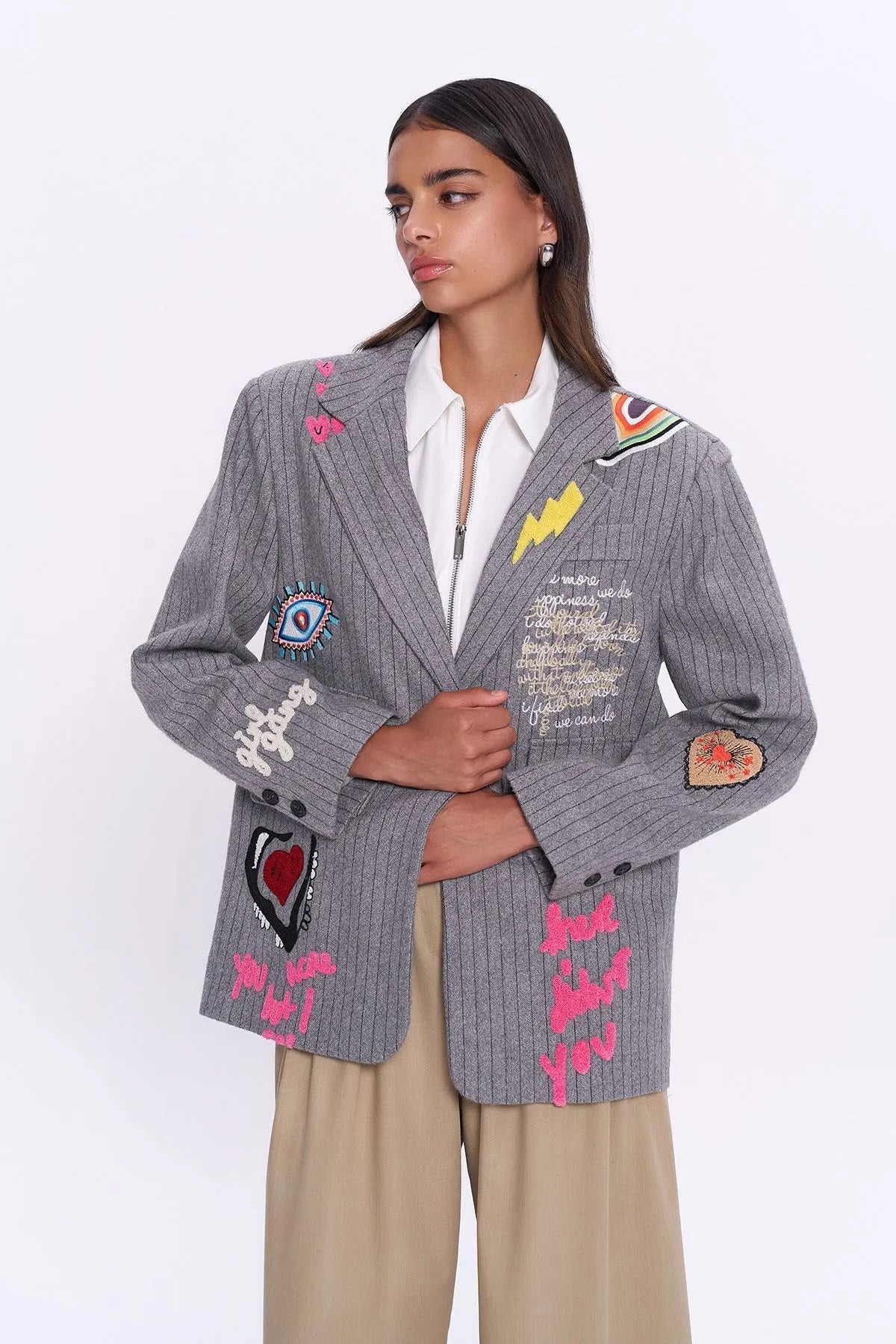 Gray Embroidery Sticker Blazer Jacket - Lebbse