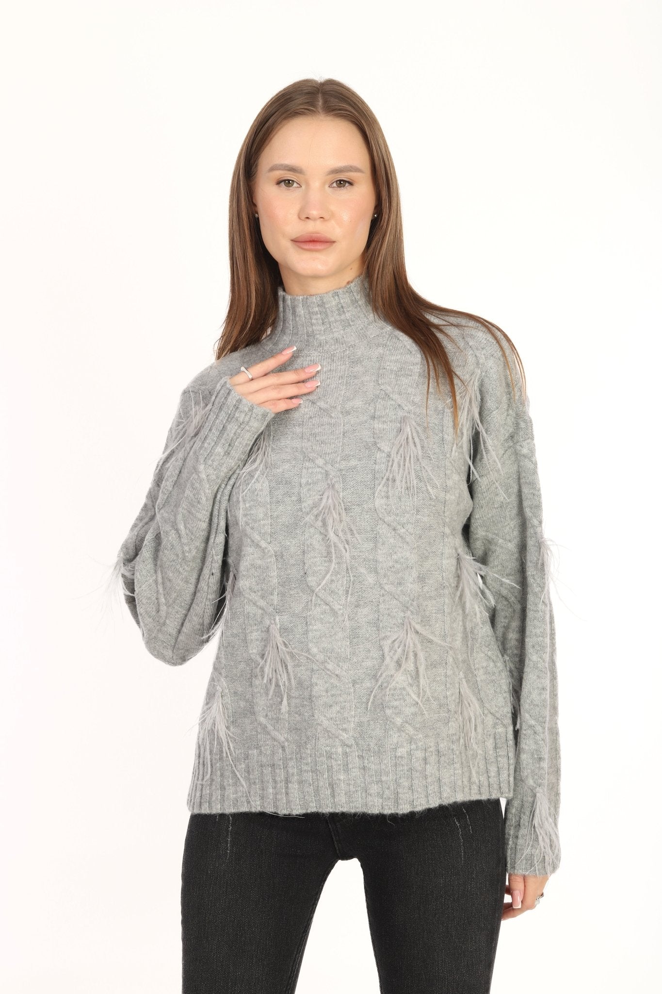 Gray Feathered Sweater - Lebbse