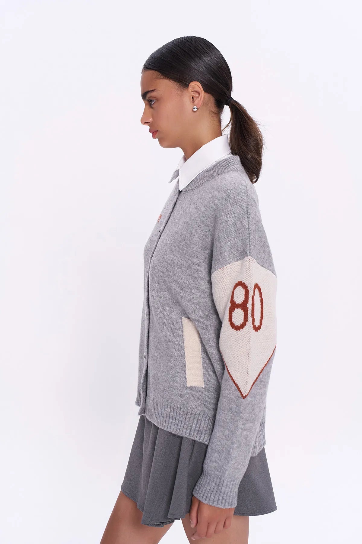 Gray Knitted Cardigan with Colorful Patterned Back Buttons - Lebbse