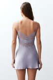 Gray Lace Back Rope Strap Satin Woven Nightgown - Lebbse