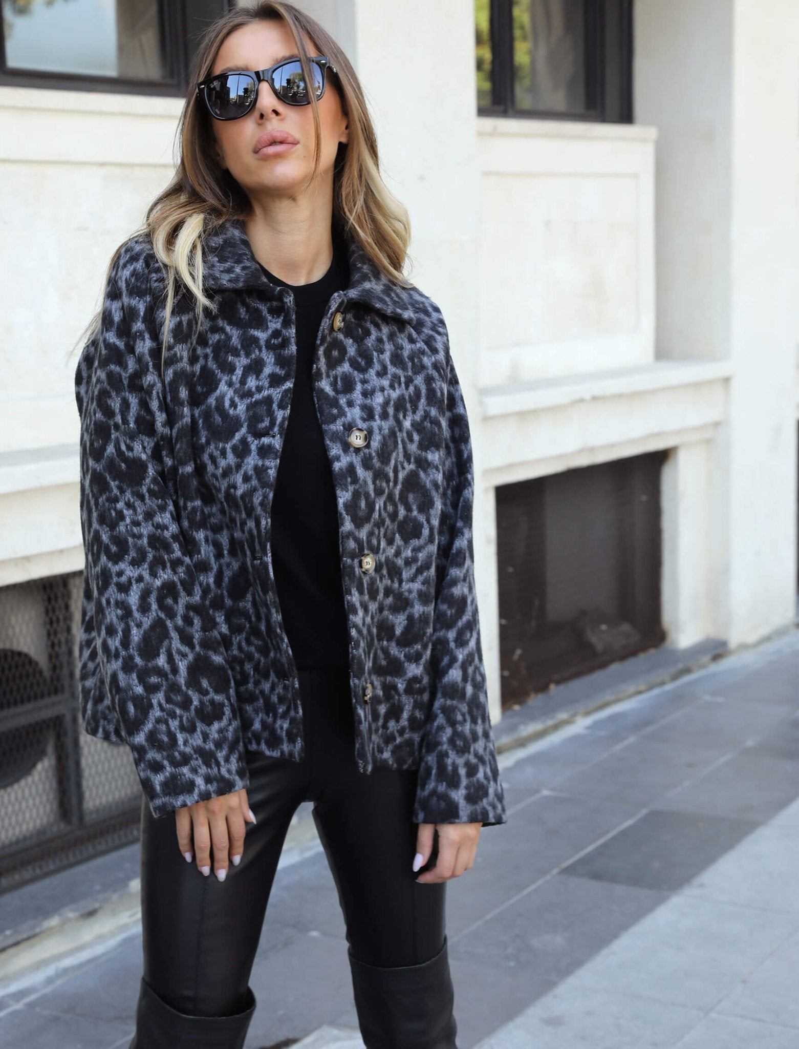 Gray Leopard Pattern Cashmere Jacket - Lebbse