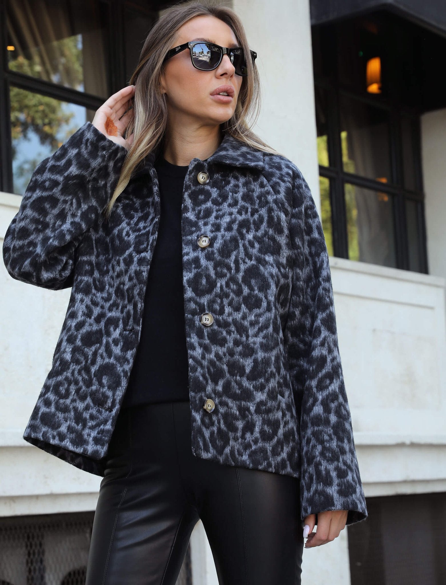 Gray Leopard Pattern Cashmere Jacket - Lebbse