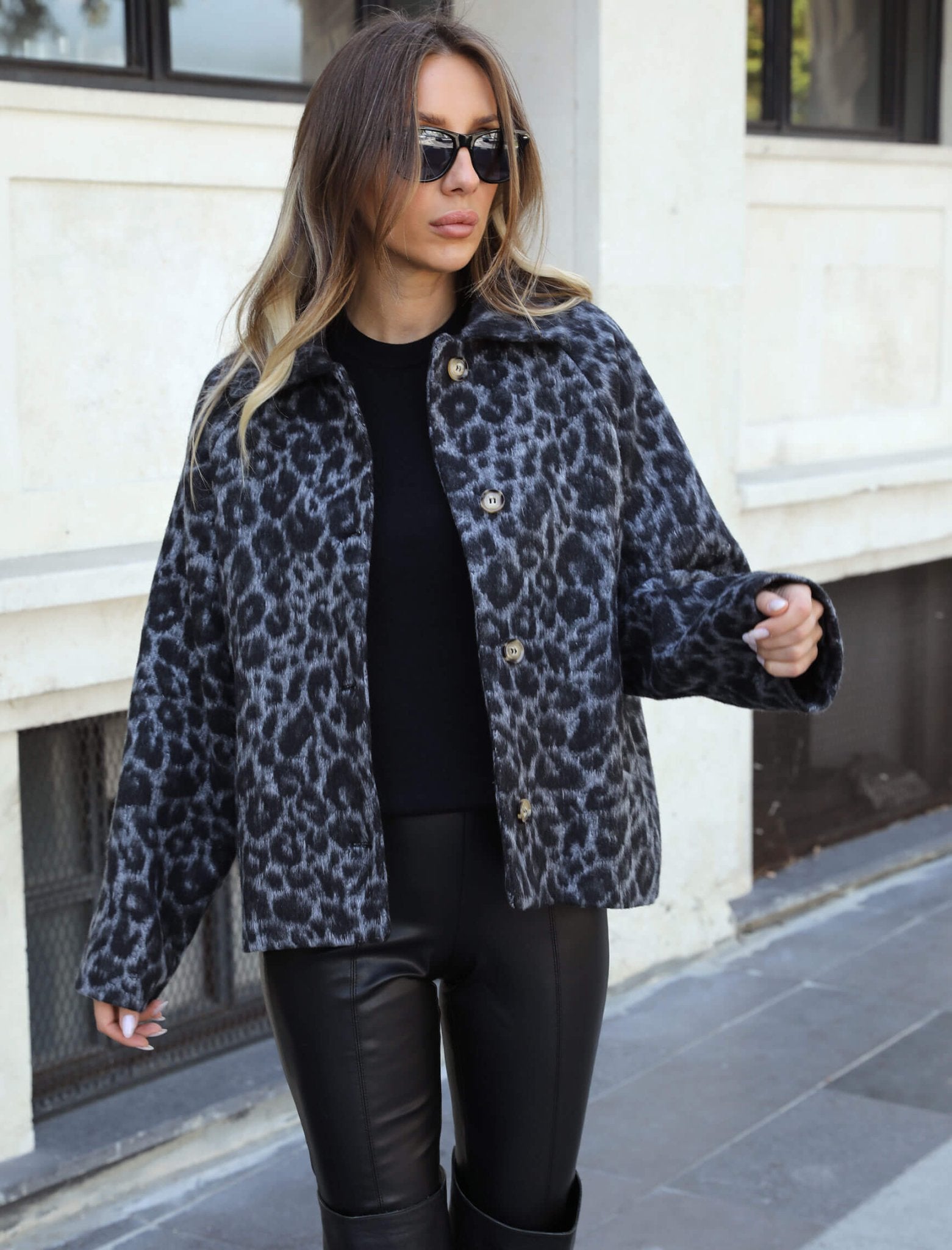 Gray Leopard Pattern Cashmere Jacket - Lebbse