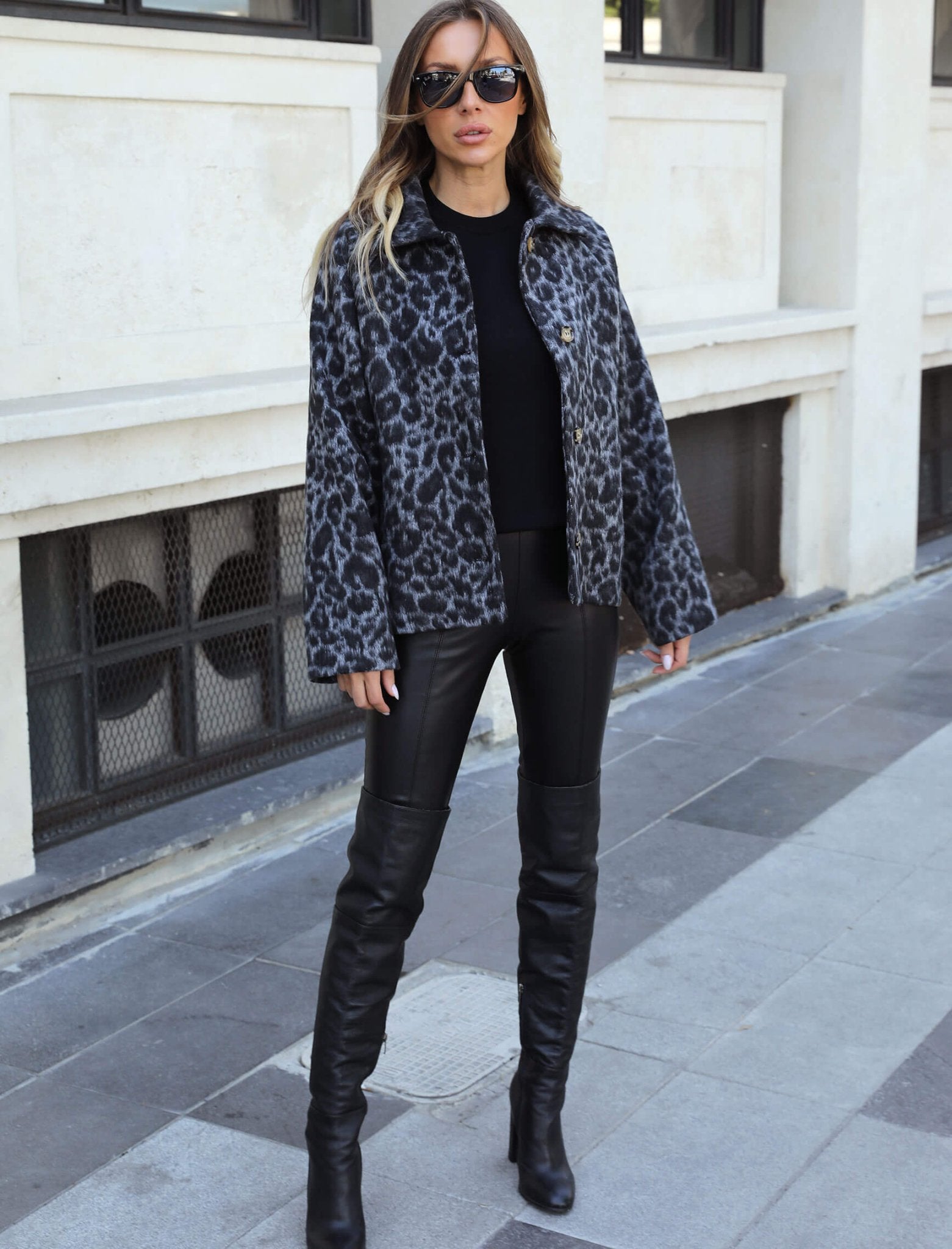 Gray Leopard Pattern Cashmere Jacket - Lebbse