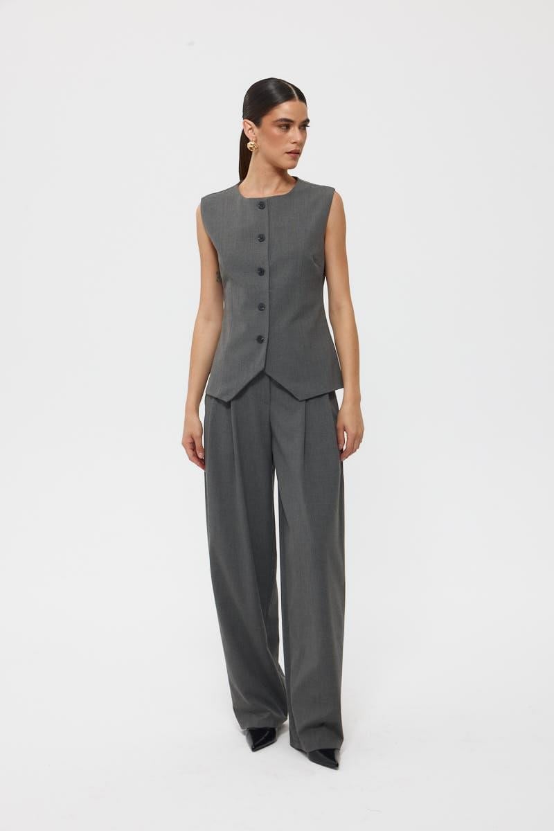 Gray Pleated Front Elastic Back Palazzo Trousers - Lebbse