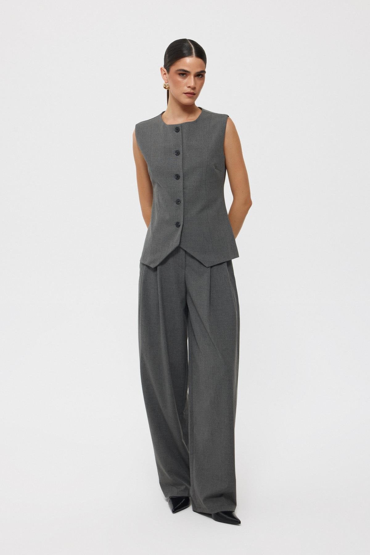 Gray Pleated Front Elastic Back Palazzo Trousers - Lebbse