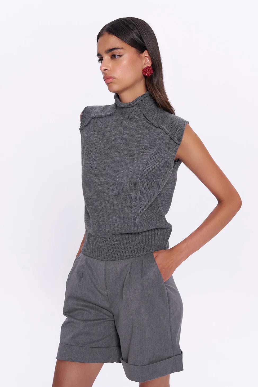 Gray Reverse Sewing Detailed Knitted Sweater - Lebbse