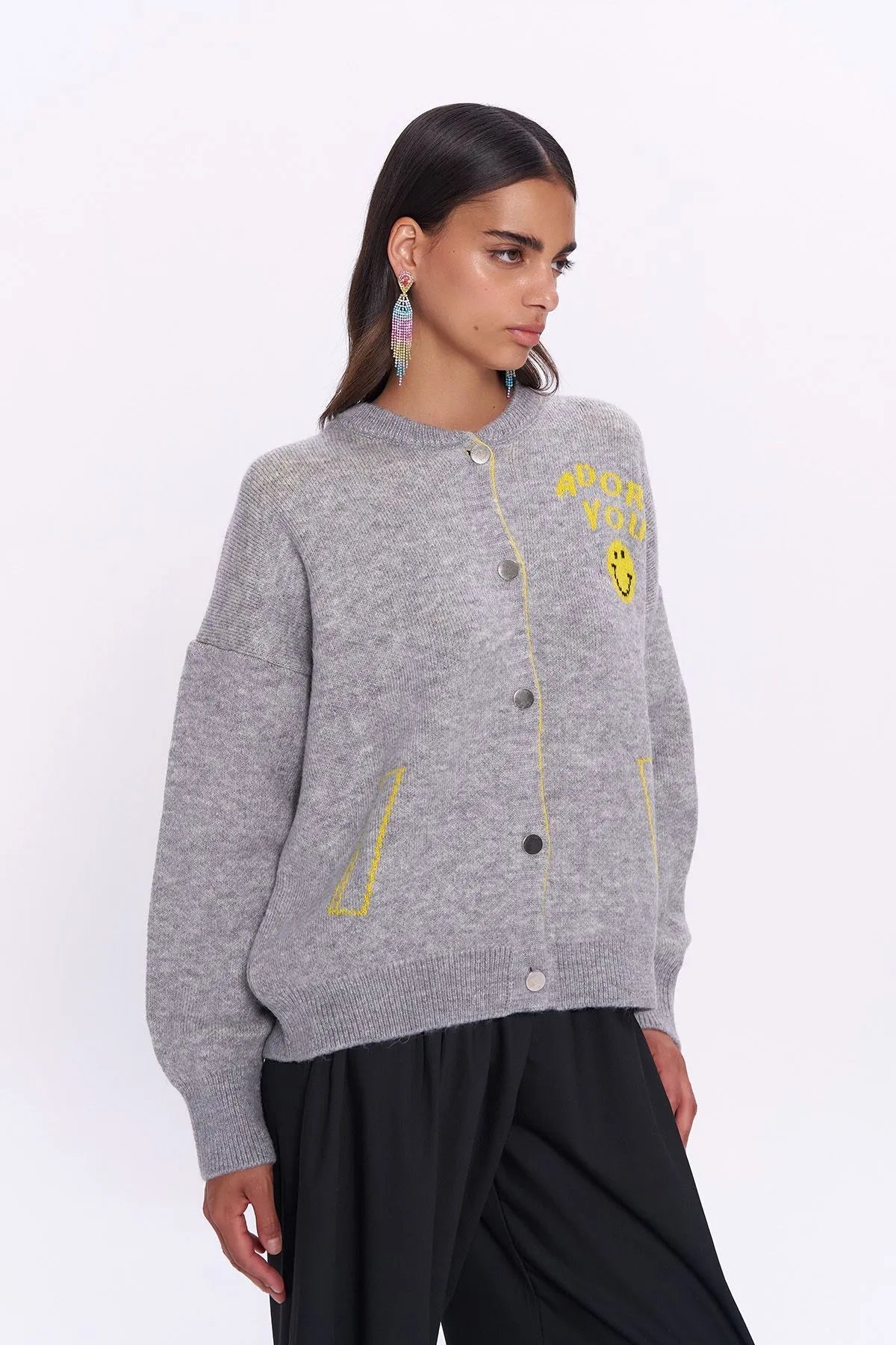 Gray Smiley Face Detailed Knitted Cardigan - Lebbse