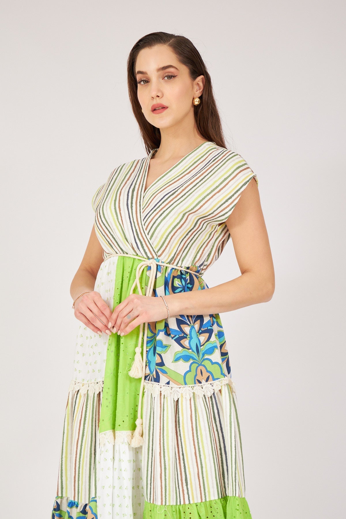 Green Patterned Cotton Dress - Lebbse