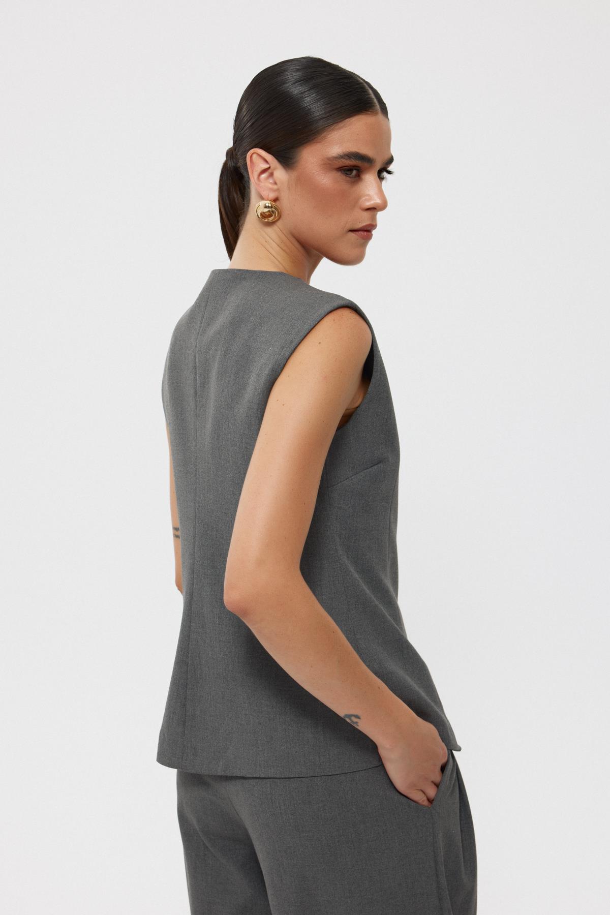 Grey Premium Front Stitch Detailed Vest - Lebbse