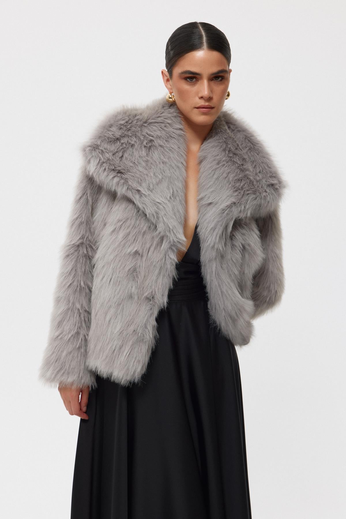 Grey Short Faux Fur Jacket - Lebbse