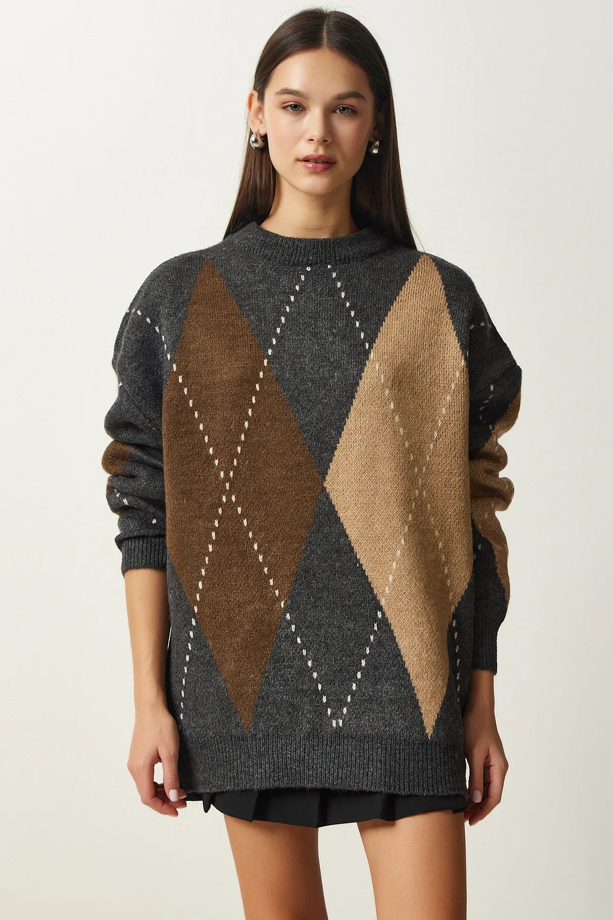 Anthracite Premium Diamond Patterned Oversize Knit Sweater