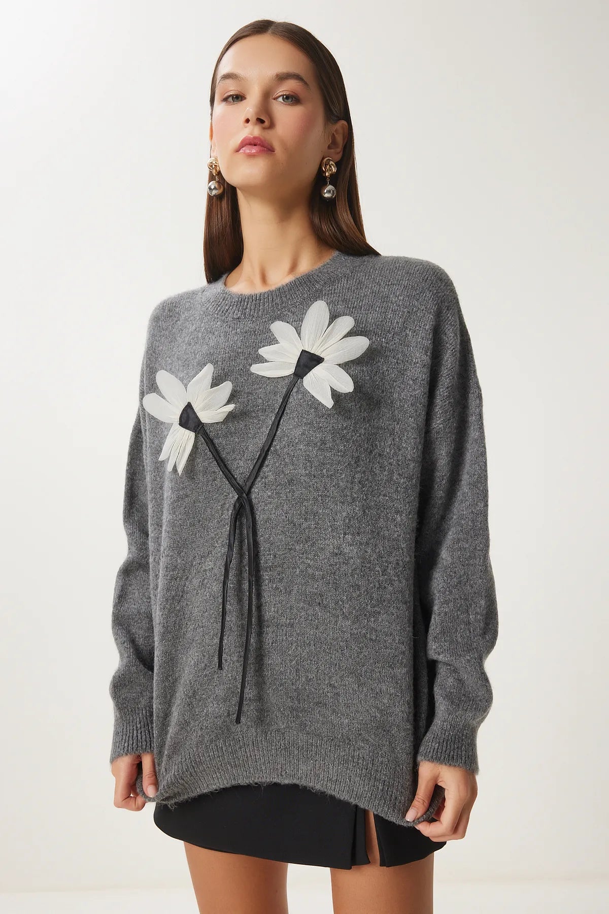 Anthracite Floral Detailed Knit Sweater