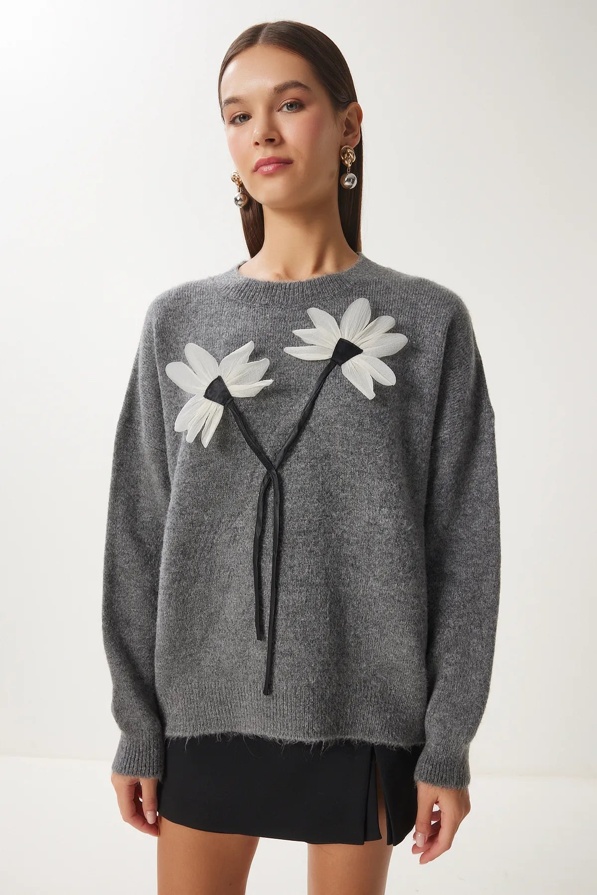 Anthracite Floral Detailed Knit Sweater