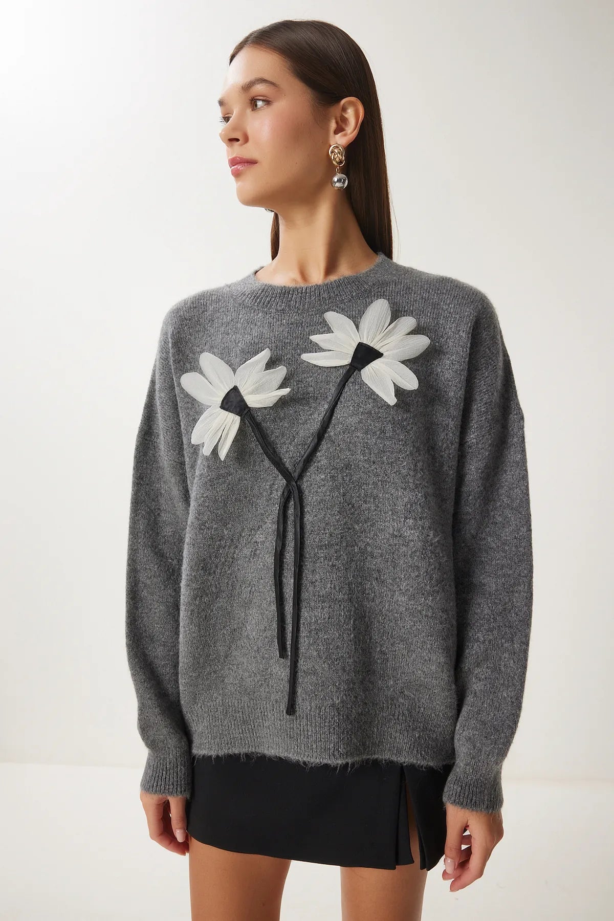 Anthracite Floral Detailed Knit Sweater