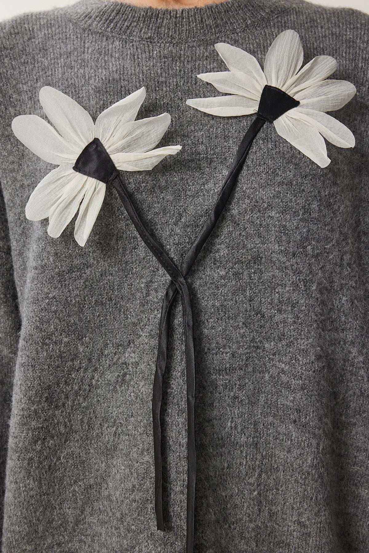 Anthracite Floral Detailed Knit Sweater