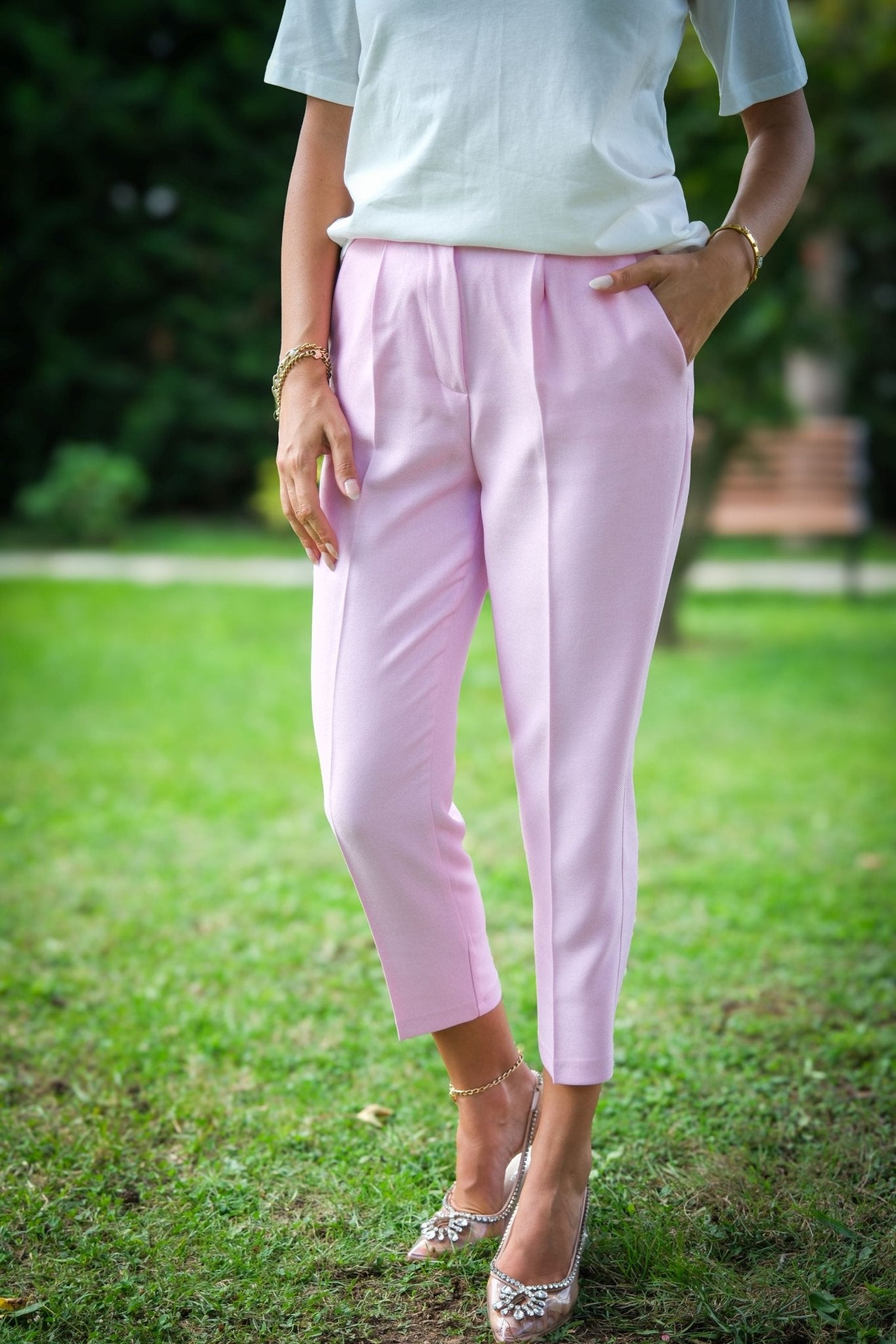 High Waist Belted Trousers Pink - Lebbse