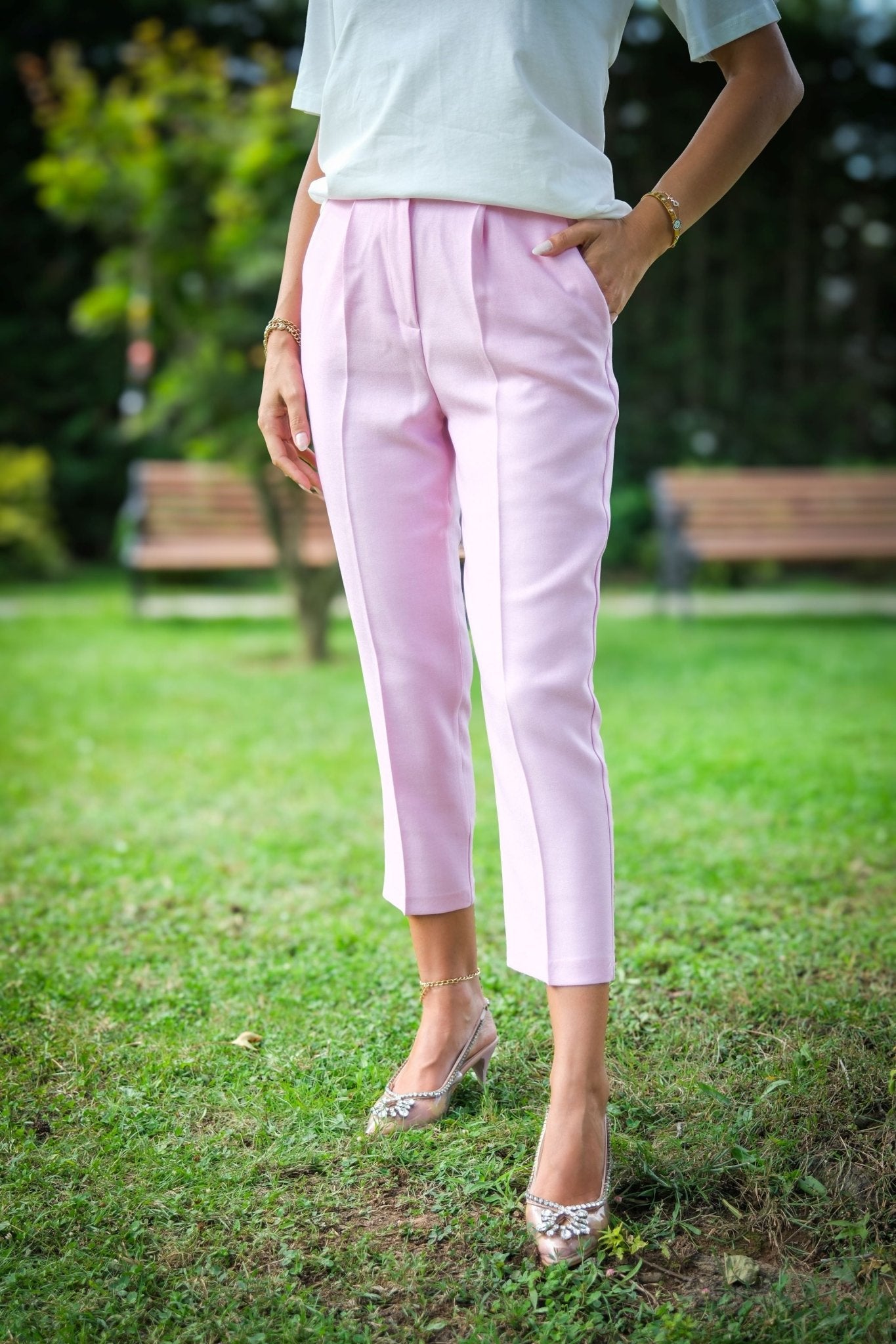 High Waist Belted Trousers Pink - Lebbse