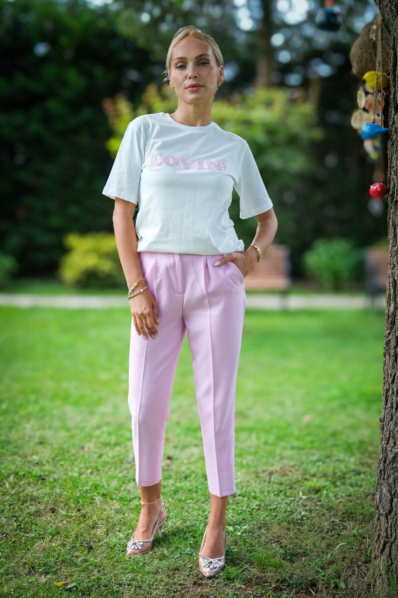 High Waist Belted Trousers Pink - Lebbse